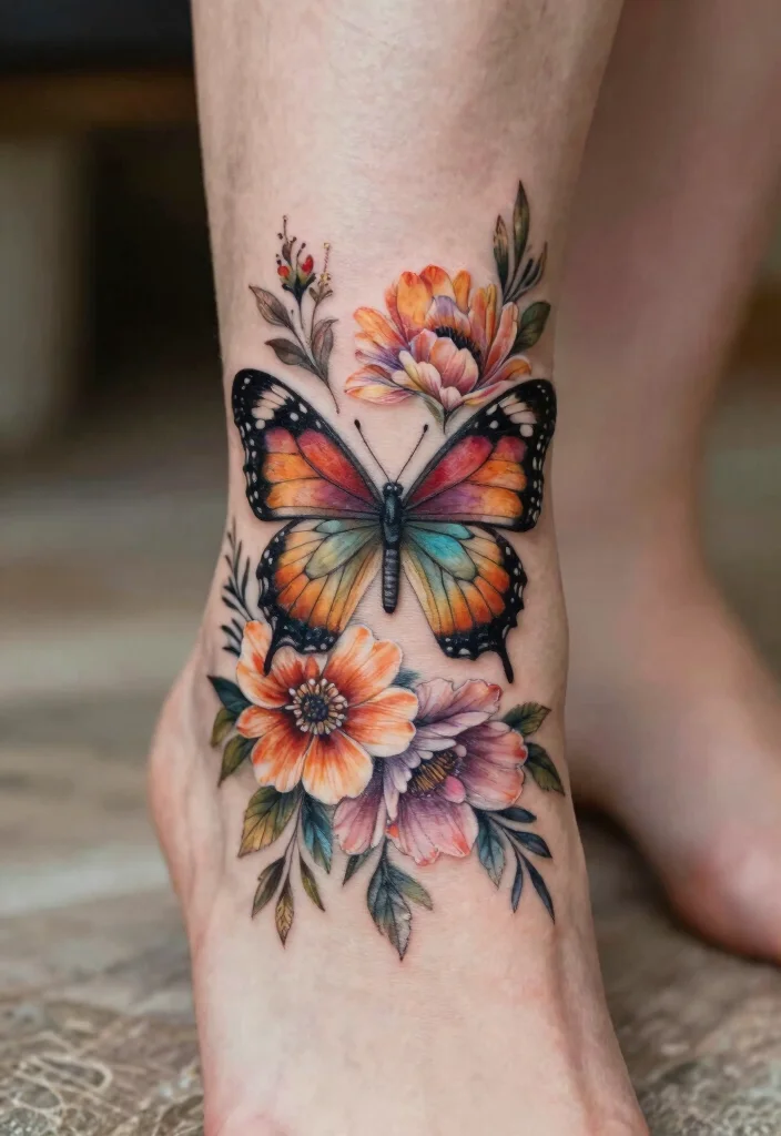 16 Butterfly Foot Tattoo Ideas With Delicate Beauty - 3. Floral Butterfly Fusion 1