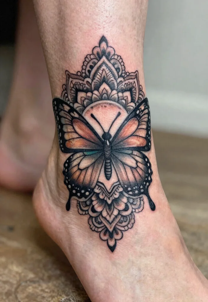 16 Butterfly Foot Tattoo Ideas With Delicate Beauty - 5. Butterfly Mandala Design 1
