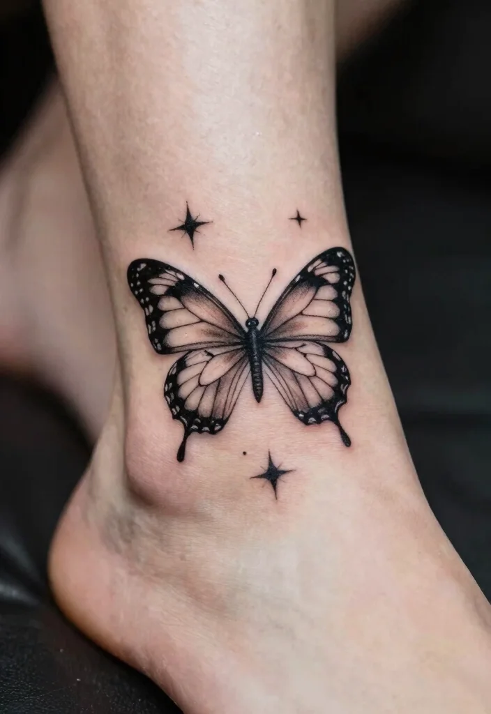 16 Butterfly Foot Tattoo Ideas With Delicate Beauty - 9. Butterfly and Stars Combination 1
