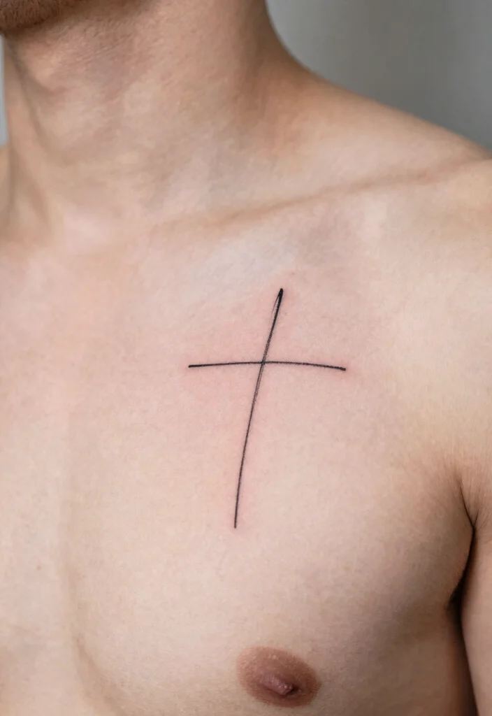 16 Chest Cross Tattoo for Men Ideas With Strong Meaning - 1. Simple Line Cross 1