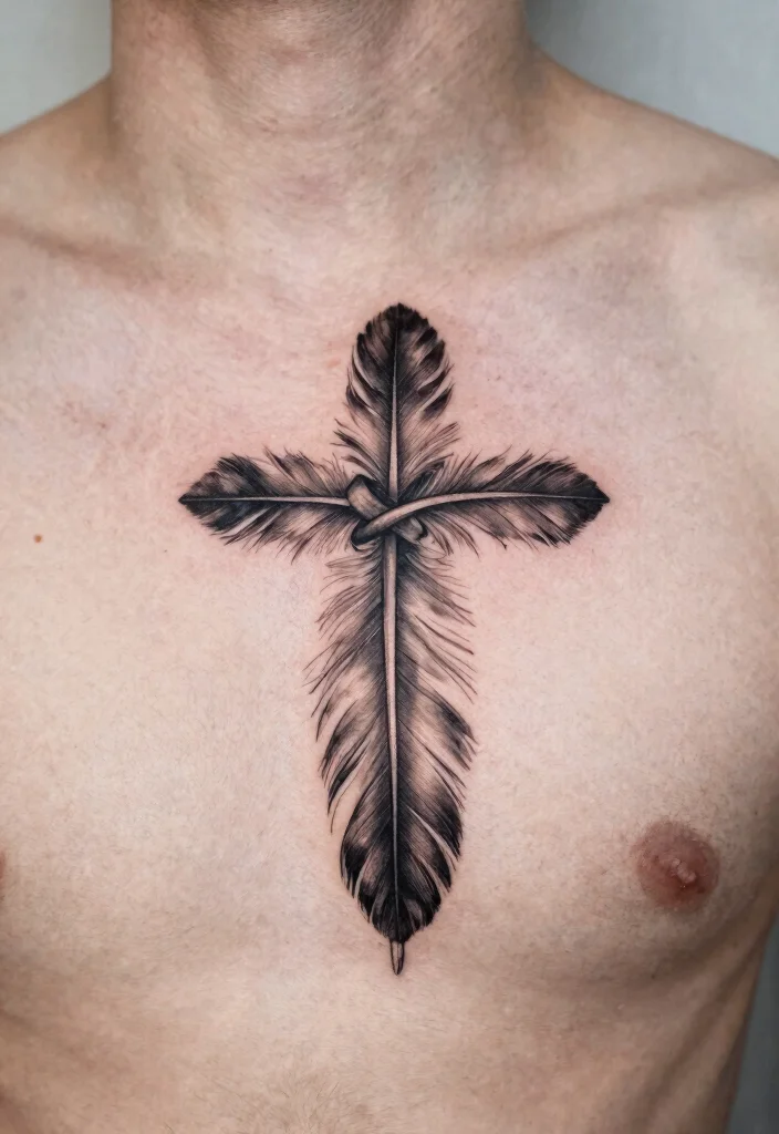 16 Chest Cross Tattoo for Men Ideas With Strong Meaning - 10. Feather Cross 1