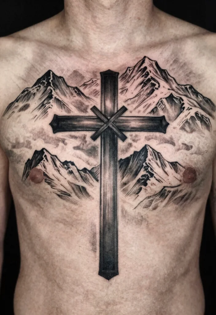 16 Chest Cross Tattoo for Men Ideas With Strong Meaning - 11. Cross with Mountain Background 1