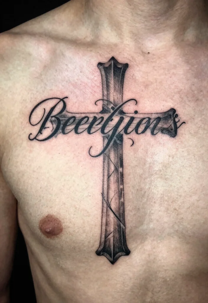 16 Chest Cross Tattoo for Men Ideas With Strong Meaning - 13. Cross with Script 1