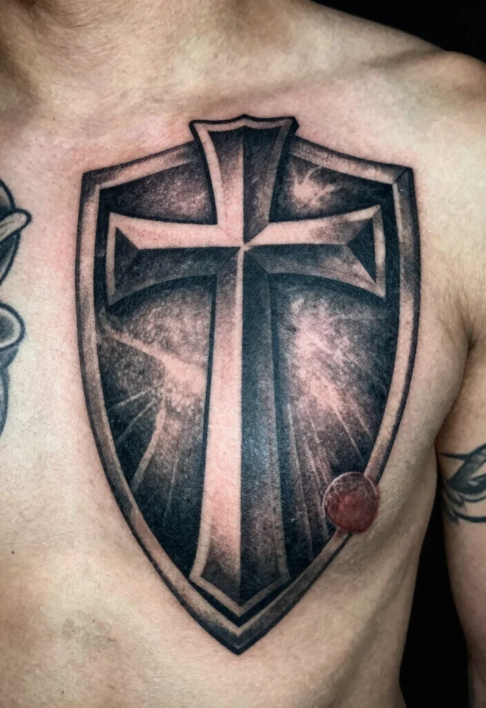 16 Chest Cross Tattoo for Men Ideas With Strong Meaning - 14. Cross with Shield 1
