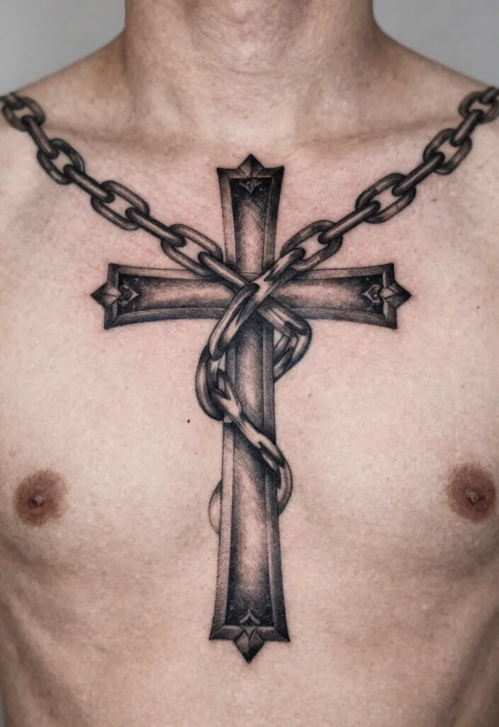 16 Chest Cross Tattoo for Men Ideas With Strong Meaning - 15. Cross with Chain 1
