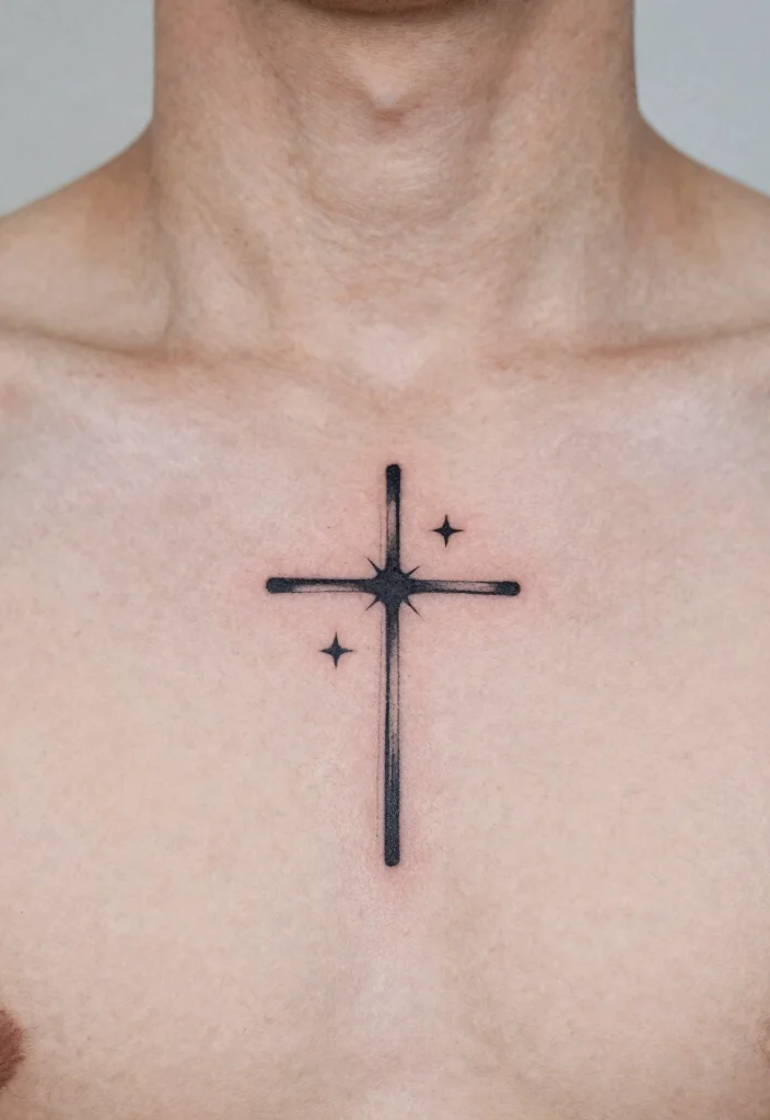 16 Chest Cross Tattoo for Men Ideas With Strong Meaning - 16. Minimalist Cross with Stars 1