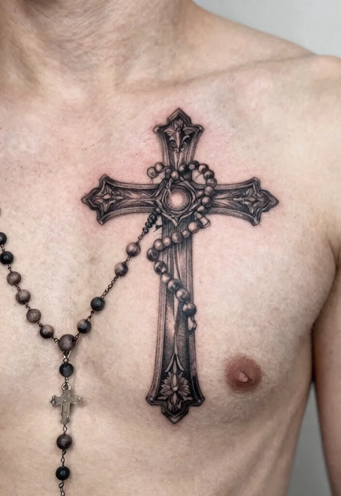 16 Chest Cross Tattoo for Men Ideas With Strong Meaning - 3. Cross with Rosary 1