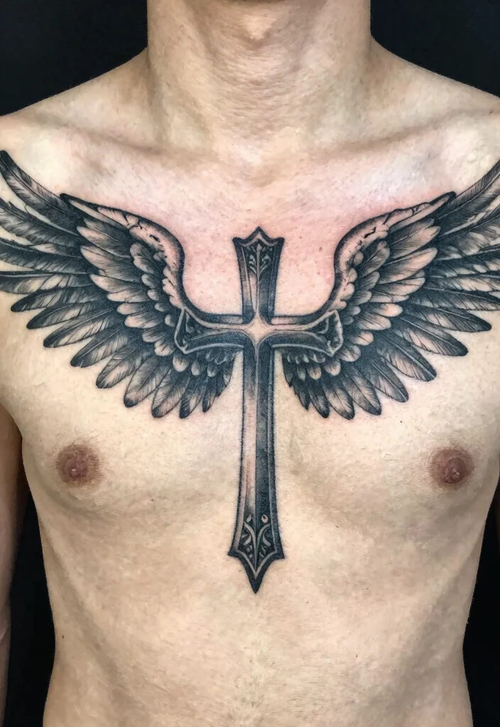 16 Chest Cross Tattoo for Men Ideas With Strong Meaning - 4. Cross with Wings 1