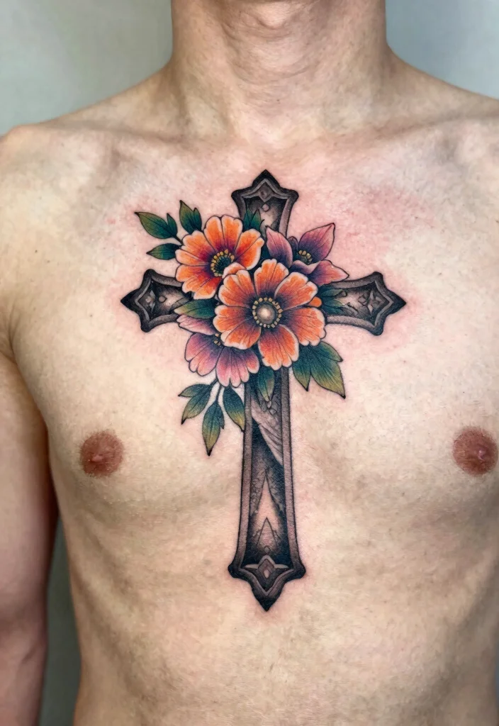16 Chest Cross Tattoo for Men Ideas With Strong Meaning - 5. Cross with Floral Accents 1