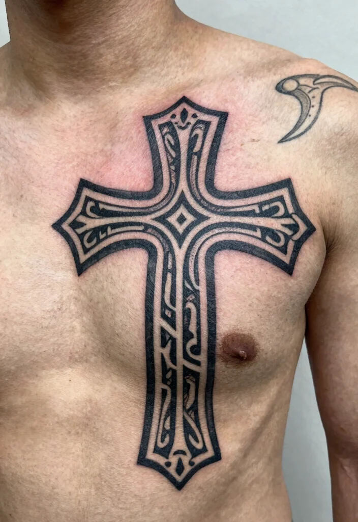 16 Chest Cross Tattoo for Men Ideas With Strong Meaning - 6. Tribal Cross 1