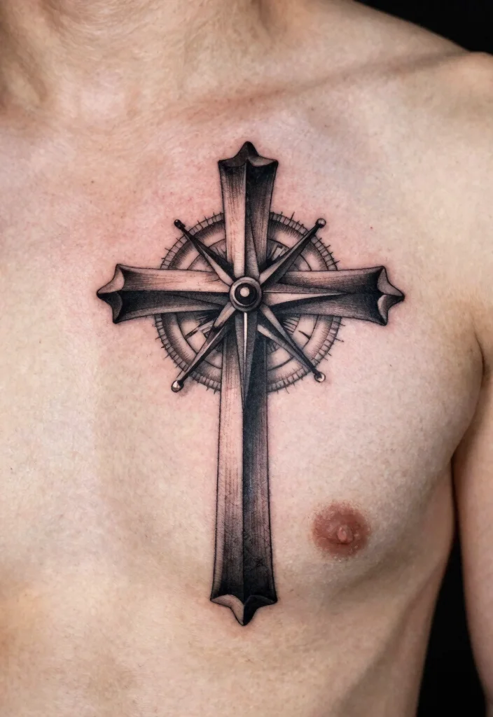 16 Chest Cross Tattoo for Men Ideas With Strong Meaning - 7. Cross with Compass 1