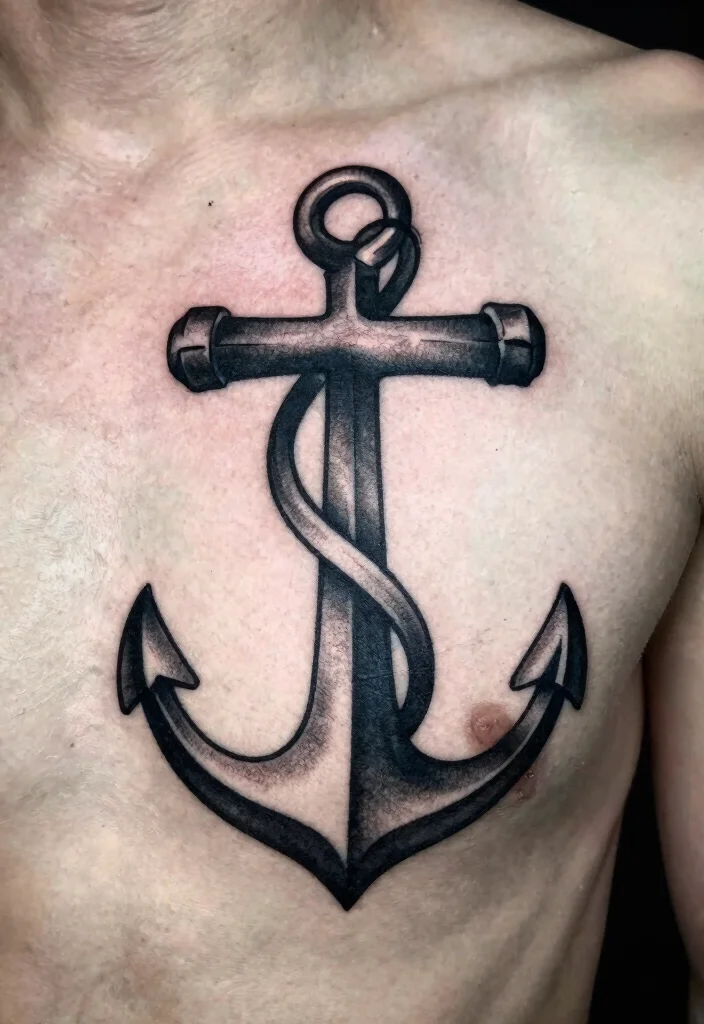 16 Chest Cross Tattoo for Men Ideas With Strong Meaning - 8. Cross with Anchor 1