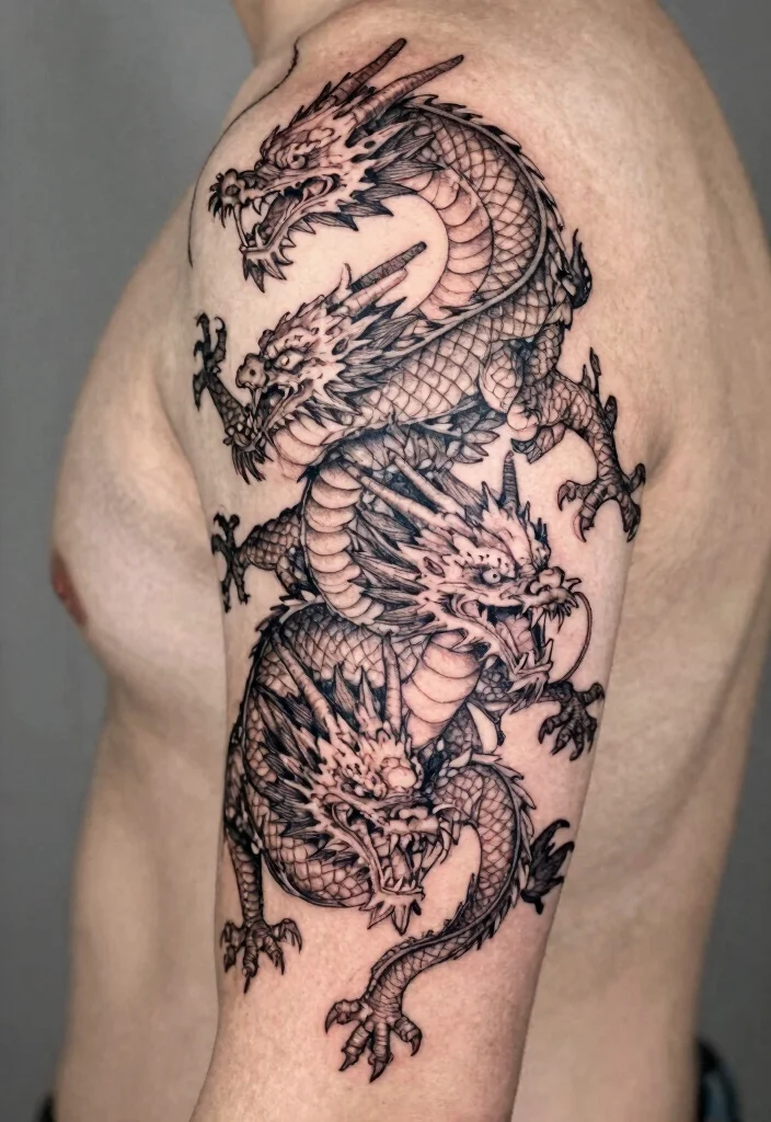 16 Delicate Dragon Tattoo Ideas With Fine Line Beauty - 14. Stacked Dragon Tattoos 1
