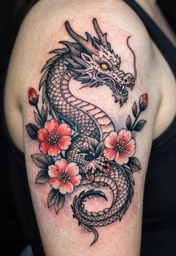 16 Delicate Dragon Tattoo Ideas With Fine Line Beauty - 3. Floral Dragon Fusion 1