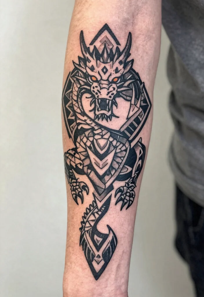 16 Delicate Dragon Tattoo Ideas With Fine Line Beauty - 6. Geometric Dragon 1