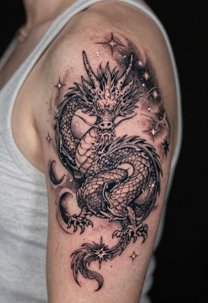 16 Delicate Dragon Tattoo Ideas With Fine Line Beauty - 7. The Celestial Dragon 1