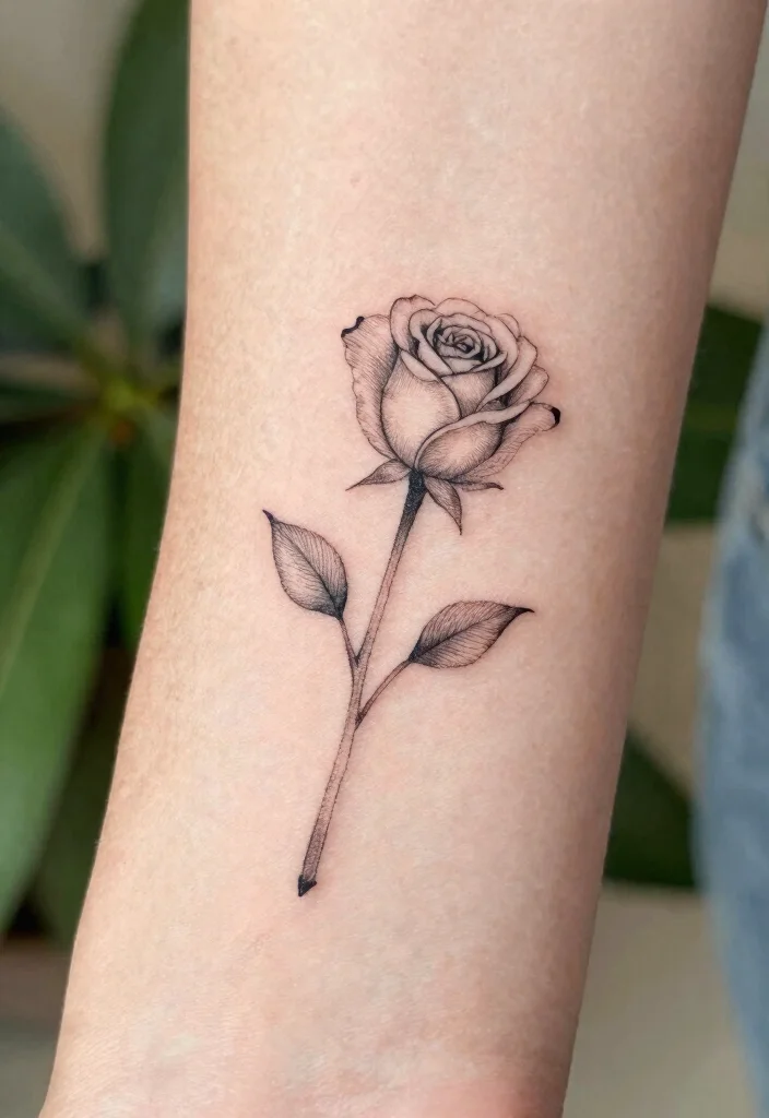 16 Flower Stem Tattoo Ideas With Elegant Minimal Lines - 1. Minimalistic Rose Stem 1