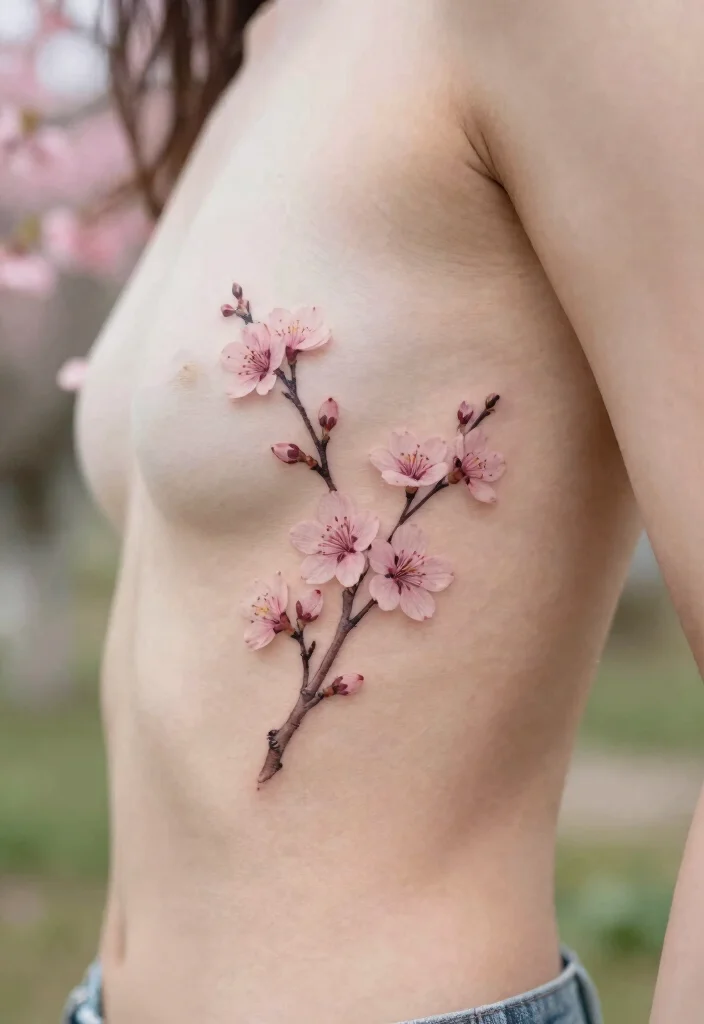 16 Flower Stem Tattoo Ideas With Elegant Minimal Lines - 10. Minimalistic Cherry Blossom Stem 1