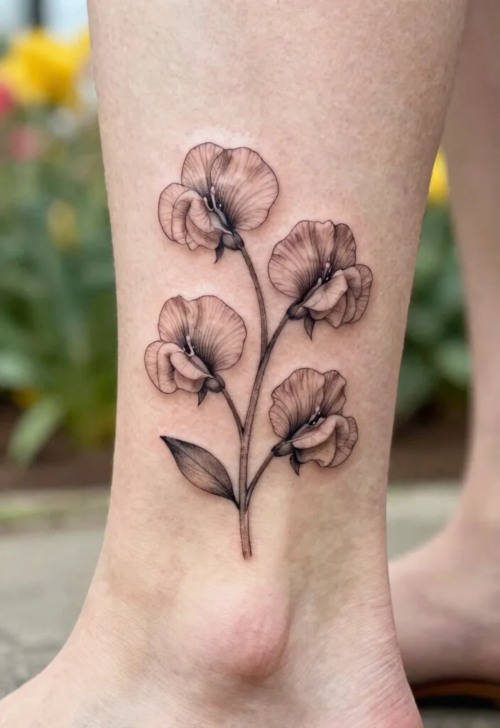 16 Flower Stem Tattoo Ideas With Elegant Minimal Lines - 12. Sweet Pea Stem Tattoo 1