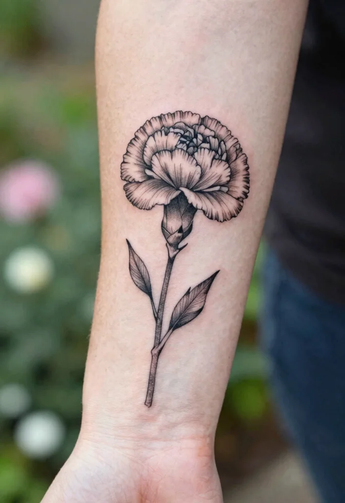 16 Flower Stem Tattoo Ideas With Elegant Minimal Lines - 16. Artistic Carnation Stem Tattoo 1