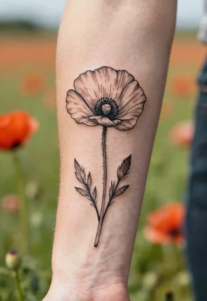 16 Flower Stem Tattoo Ideas With Elegant Minimal Lines - 9. Unique Poppy Stem Tattoo 1