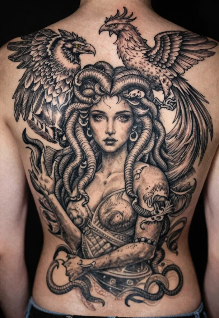 16 Medusa Tattoo Back Ideas With Dramatic Detail - 10. Medusa with Mythological Creatures 1