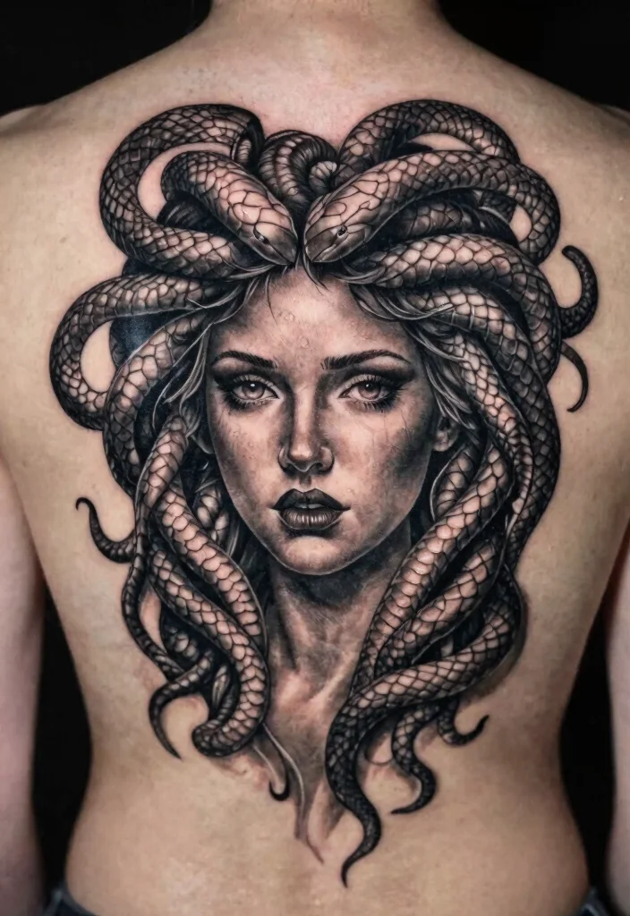 16 Medusa Tattoo Back Ideas With Dramatic Detail - 11. Portrait of Medusa 1