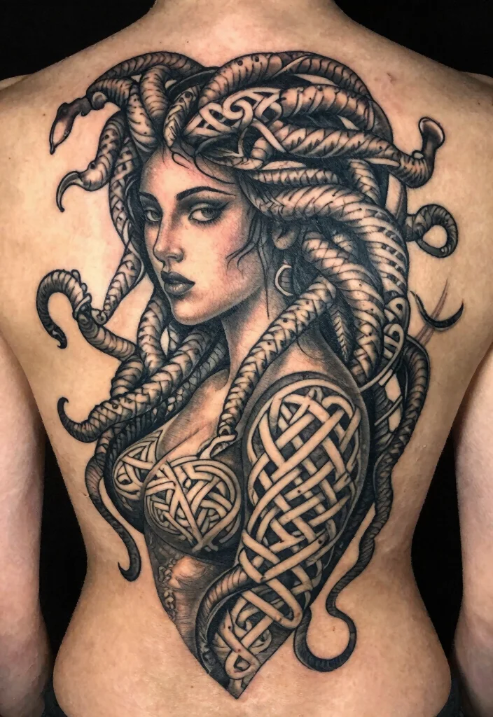 16 Medusa Tattoo Back Ideas With Dramatic Detail - 12. Medusa with Celtic Patterns 1