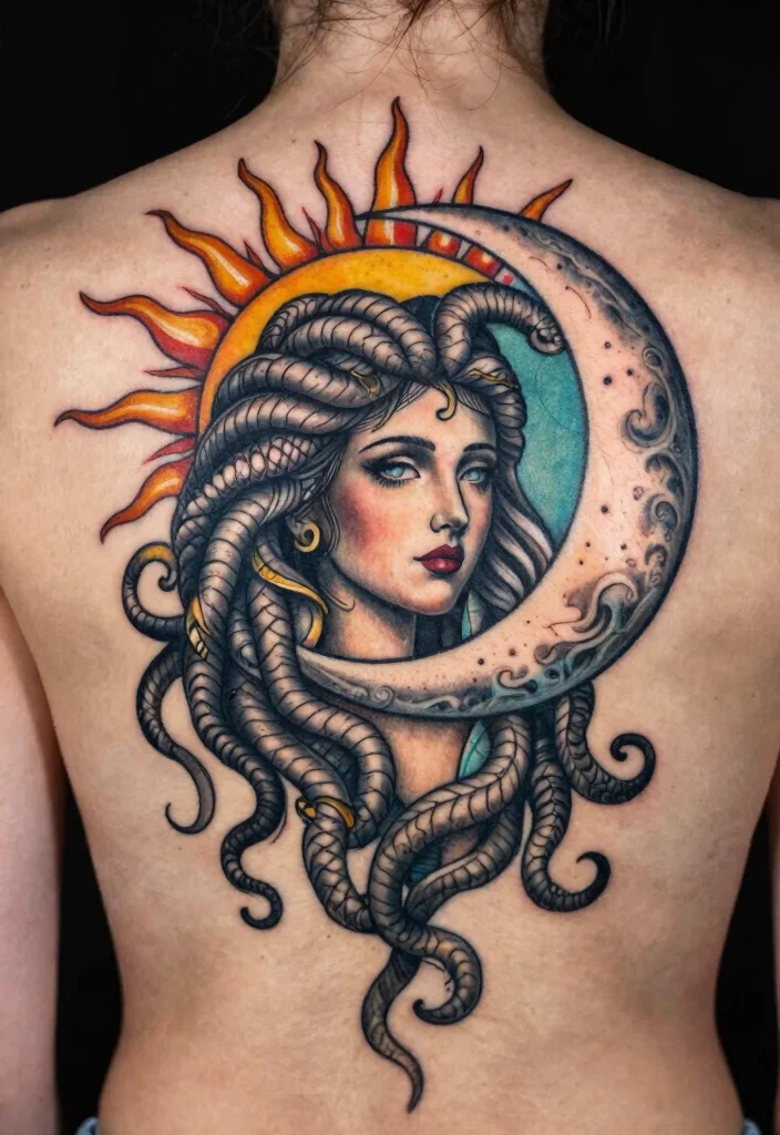 16 Medusa Tattoo Back Ideas With Dramatic Detail - 14. Medusa with Sun and Moon 1