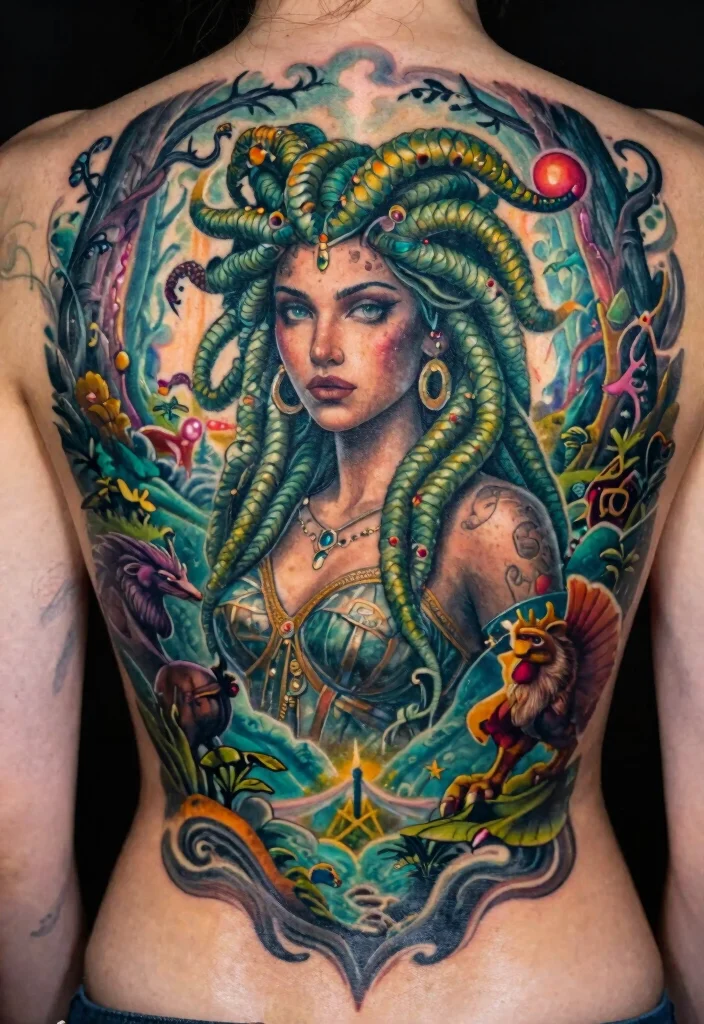 16 Medusa Tattoo Back Ideas With Dramatic Detail - 15. Medusa in Fantasy Landscapes 1