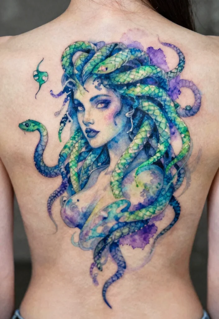 16 Medusa Tattoo Back Ideas With Dramatic Detail - 2. Watercolor Medusa 1