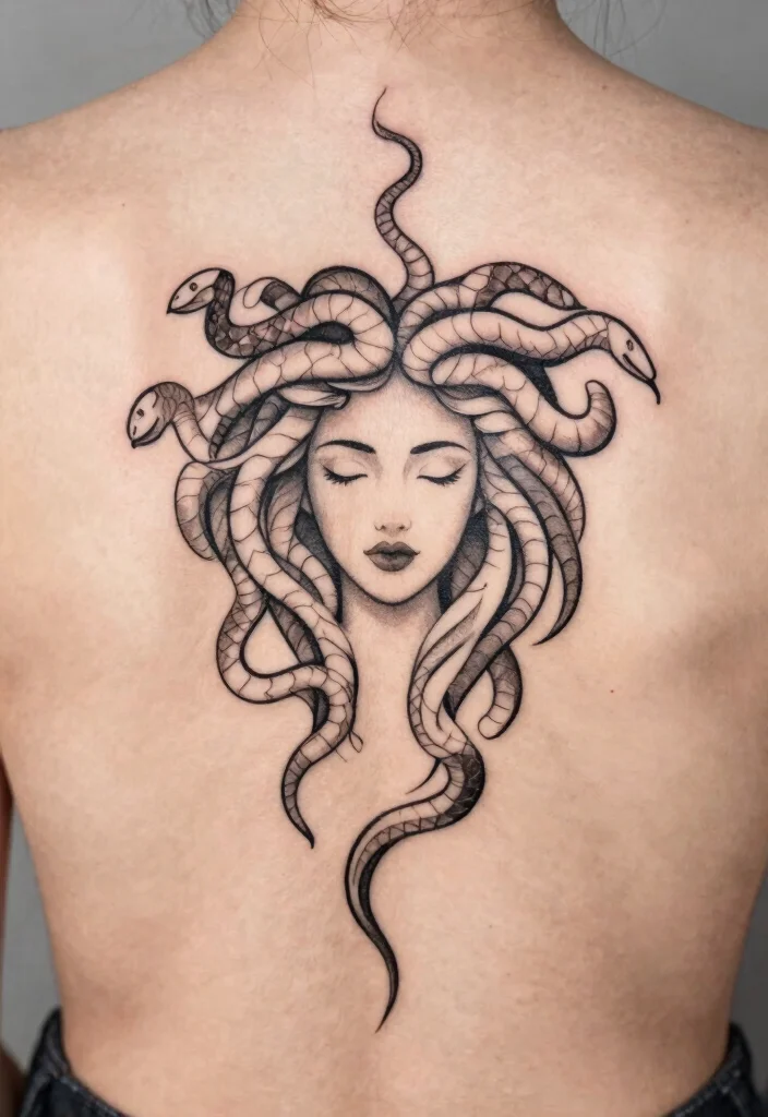 16 Medusa Tattoo Back Ideas With Dramatic Detail - 3. Minimalist Medusa Silhouette 1