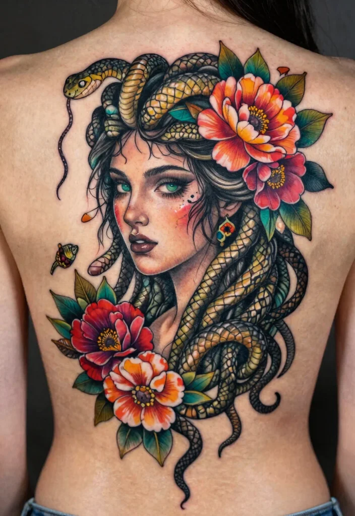 16 Medusa Tattoo Back Ideas With Dramatic Detail - 4. Medusa with Floral Accents 1