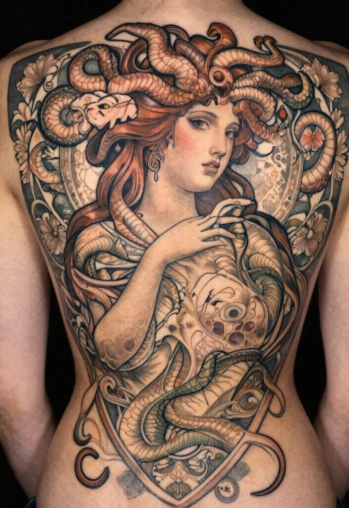 16 Medusa Tattoo Back Ideas With Dramatic Detail - 5. Art Nouveau Medusa 1