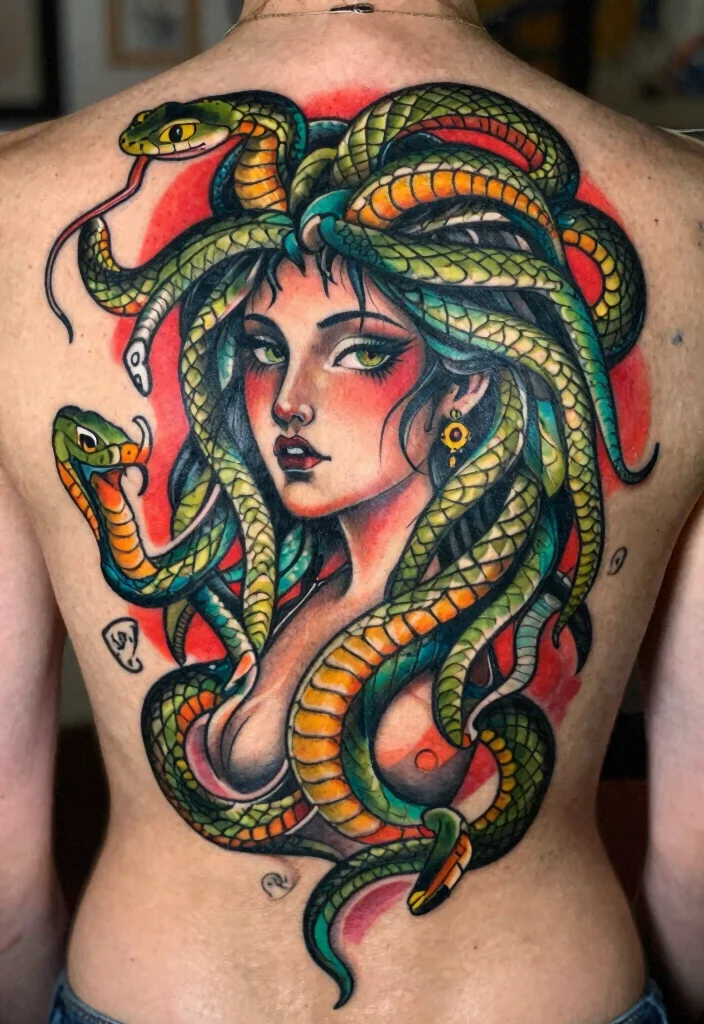 16 Medusa Tattoo Back Ideas With Dramatic Detail - 6. Neo-Traditional Medusa 1