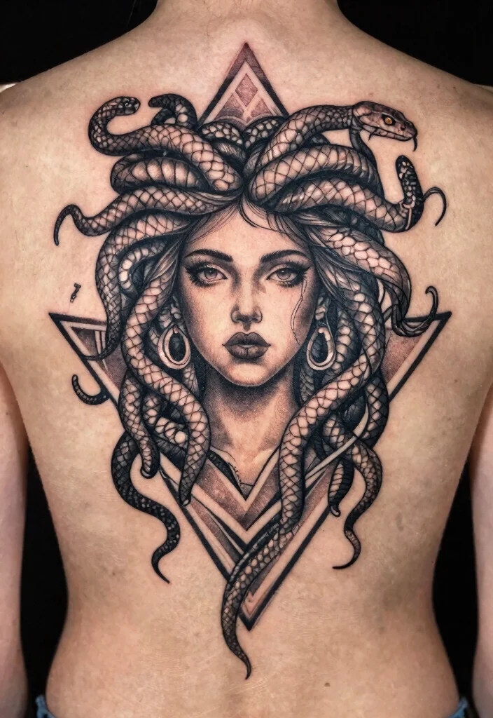 16 Medusa Tattoo Back Ideas With Dramatic Detail - 8. Medusa with a Geometric Twist 1