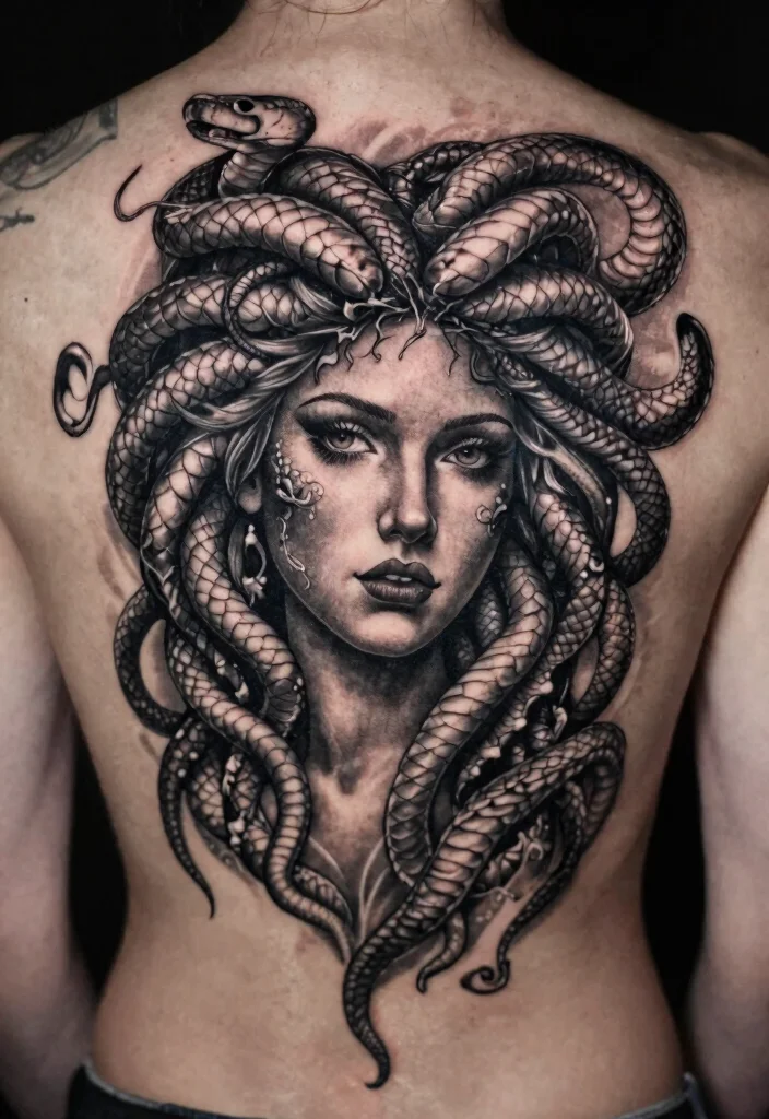16 Medusa Tattoo Back Ideas With Dramatic Detail - 9. Medusa in Black and Grey 1