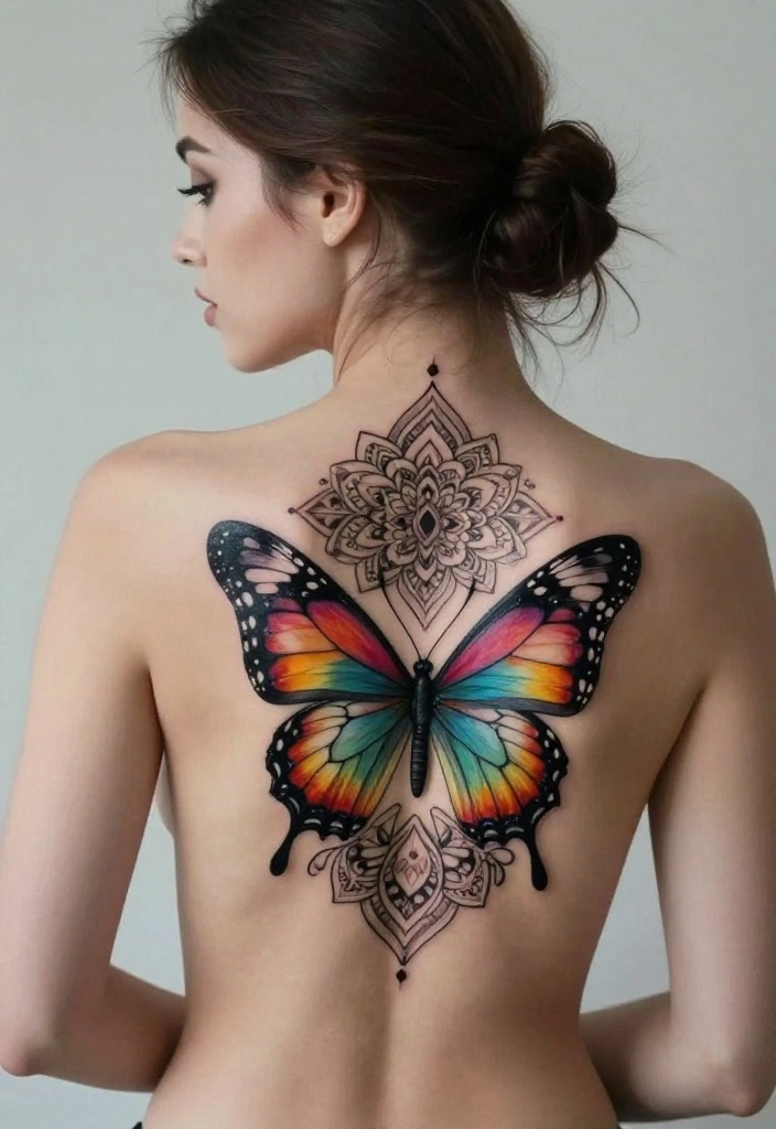 16 Neo Traditional Butterfly Tattoo Ideas With Bold Color - 11. Butterfly and Mandala 1
