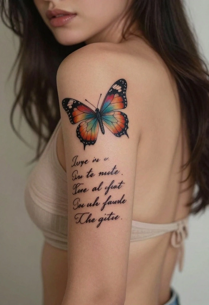 16 Neo Traditional Butterfly Tattoo Ideas With Bold Color - 12. Butterfly and Quote Combo 1