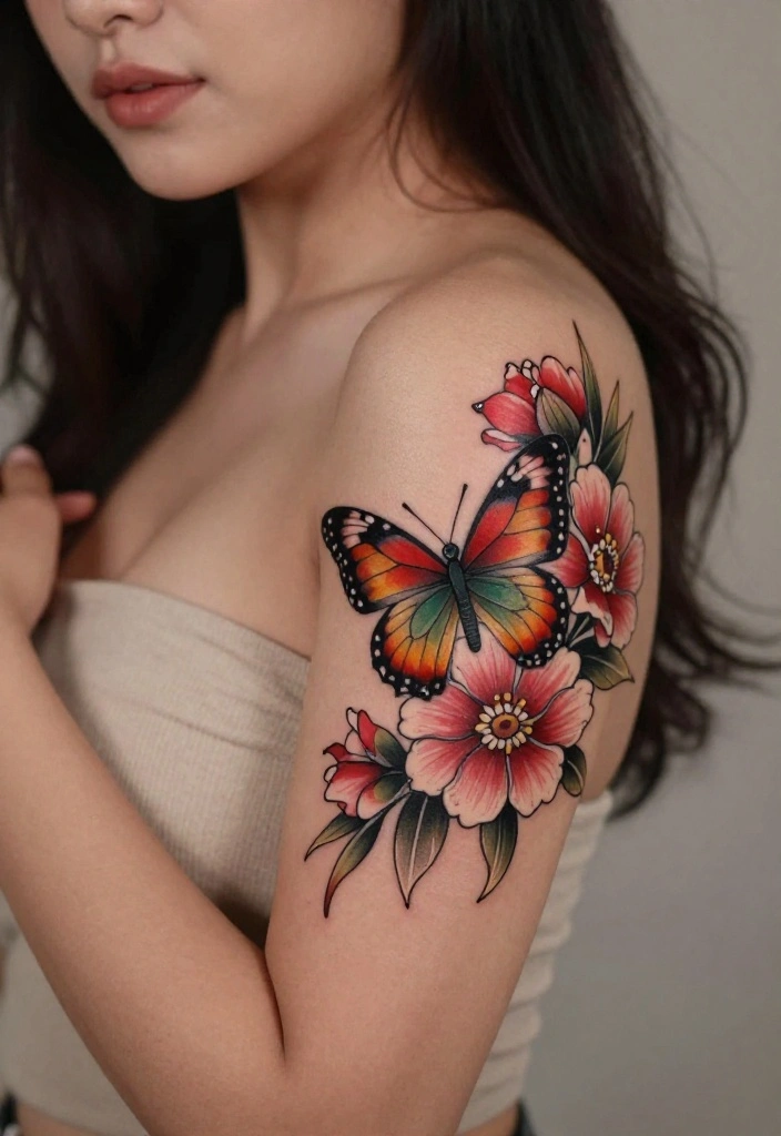 16 Neo Traditional Butterfly Tattoo Ideas With Bold Color - 2. Floral Fusion 1