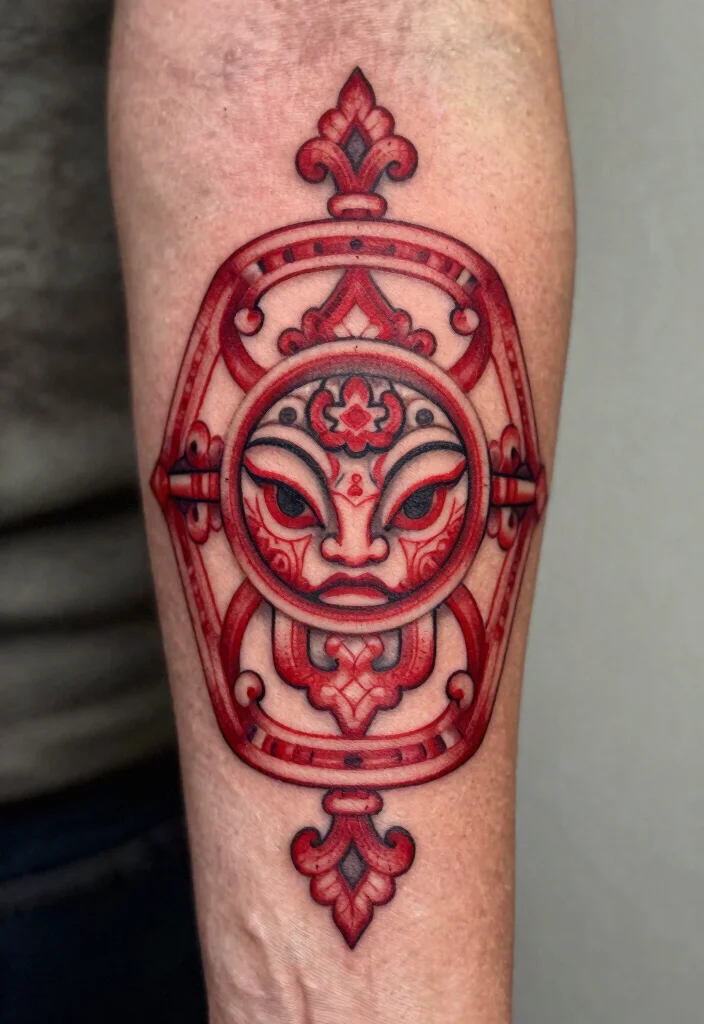 16 Red Tattoo Arm Ideas That Stand Out Boldly - 11. Unique Cultural Symbols 1
