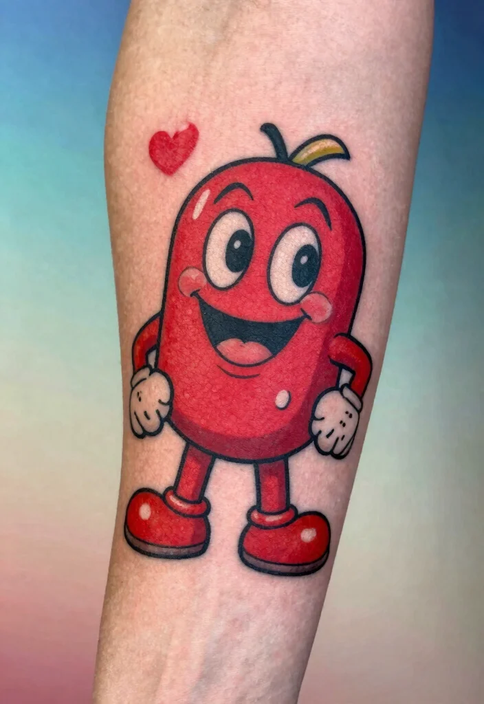 16 Red Tattoo Arm Ideas That Stand Out Boldly - 12. Playful Cartoon Characters 1