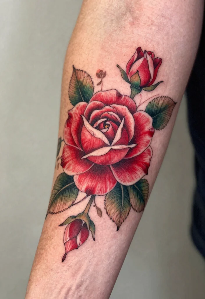 16 Red Tattoo Arm Ideas That Stand Out Boldly - 2. Red Floral Accents 1