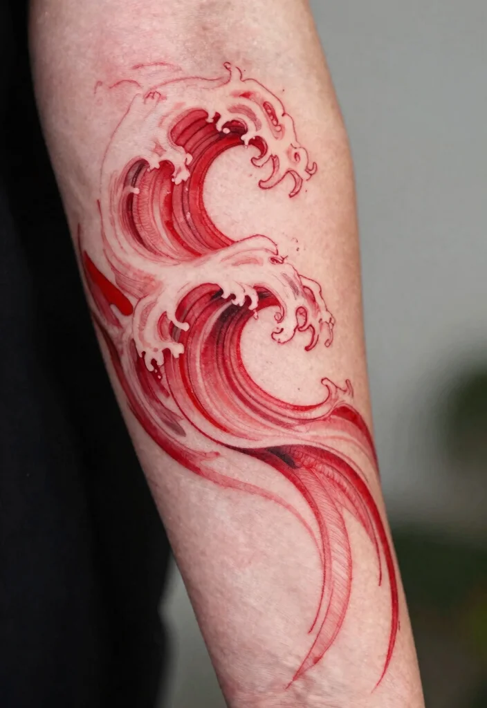 16 Red Tattoo Arm Ideas That Stand Out Boldly - 7. Abstract Waves 1