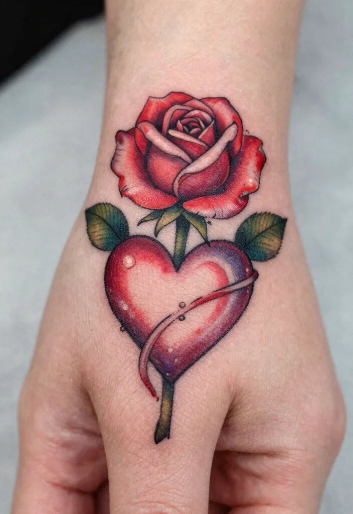 16 Rose Thumb Tattoo Ideas With Tiny Bold Style - 16. Rose and Heart 1