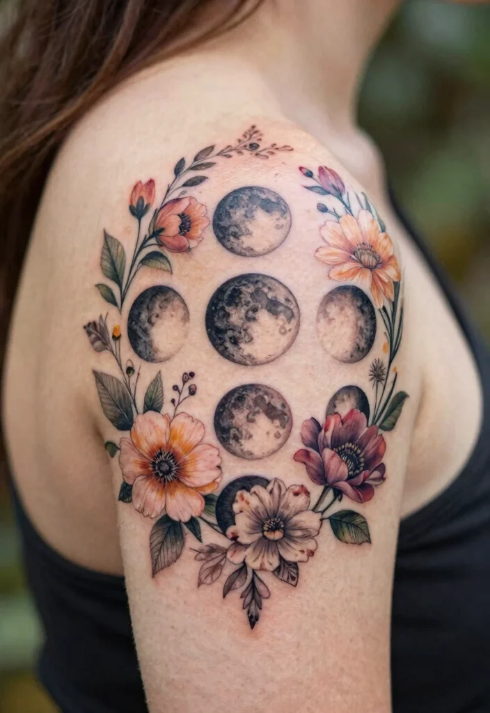 16 Star and Moon Tattoo Ideas With Celestial Charm - 11. Phase of the Moon with Floral Accents 1
