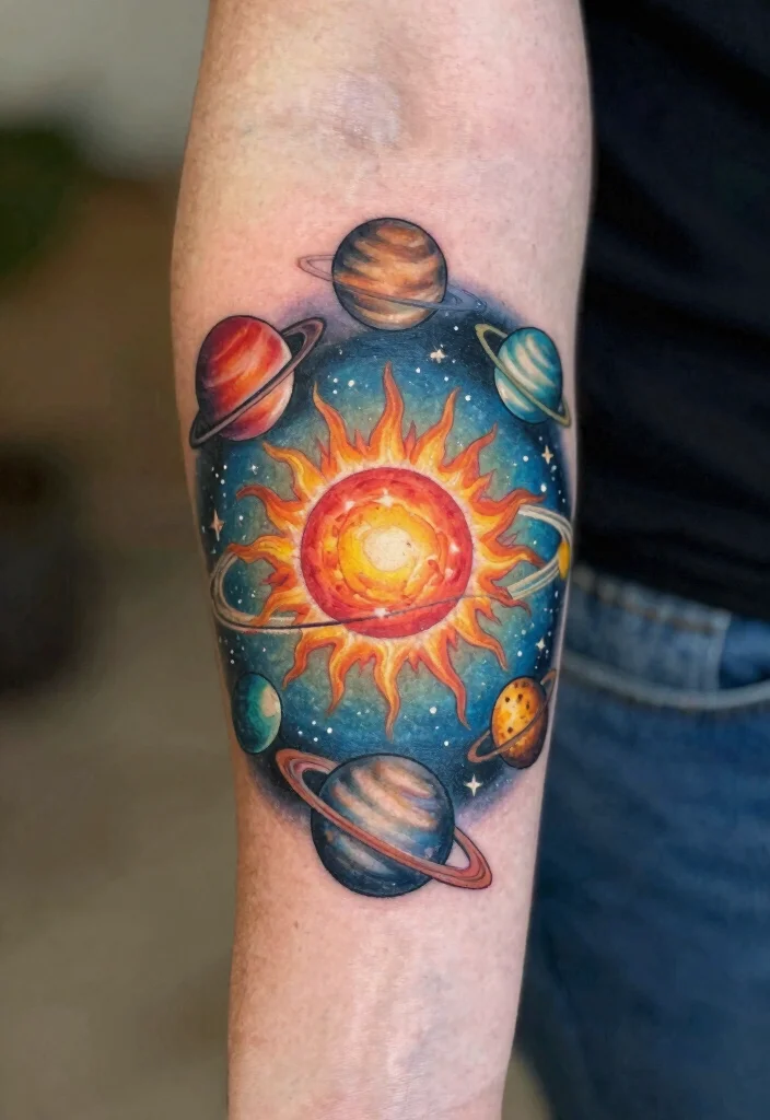 16 Star and Moon Tattoo Ideas With Celestial Charm - 14. Miniature Solar System 1