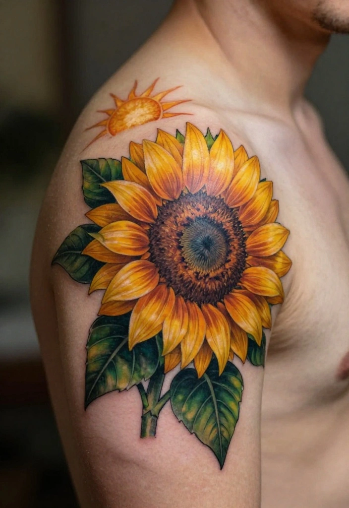 16 Sun Tattoo Men Ideas With Bold Radiant Energy - 10. Sunflowers with Sun Tattoos 1