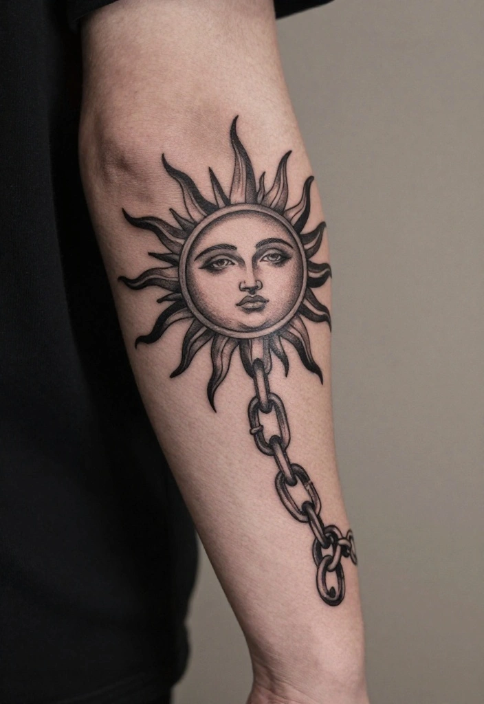16 Sun Tattoo Men Ideas With Bold Radiant Energy - 15. Sun Chain Tattoos 1