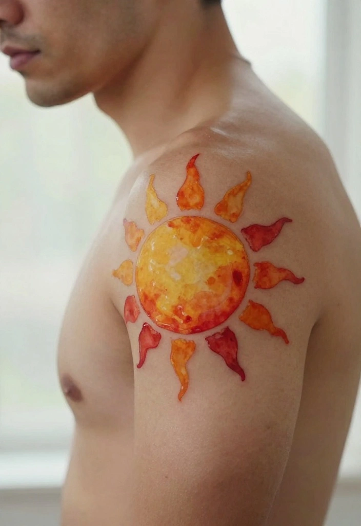 16 Sun Tattoo Men Ideas With Bold Radiant Energy - 6. Watercolor Sun Tattoos 1